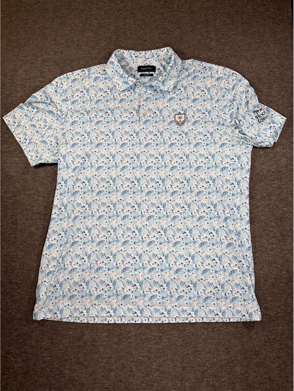 Bugatchi OoohCotton Tech Mens Polo Shirt XL 8 Way Stretch Turquoise Floral Print